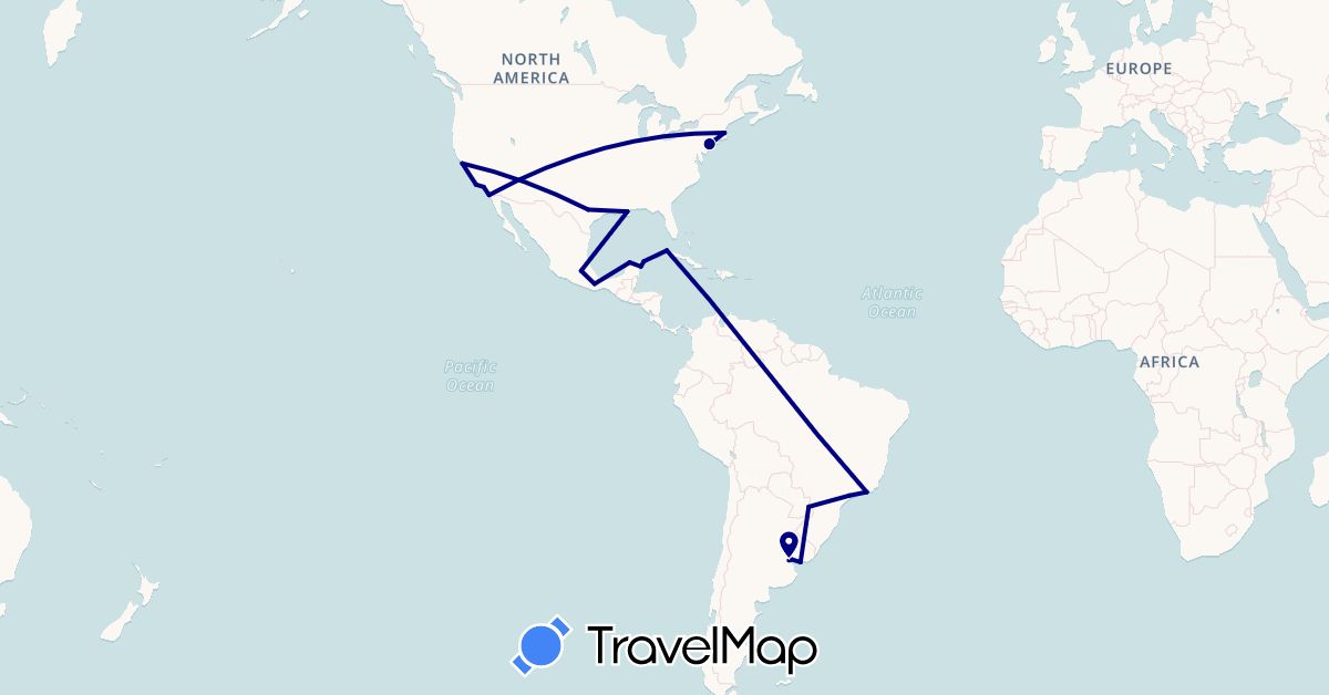 TravelMap itinerary: driving in Argentina, Brazil, Cuba, Mexico, United States, Uruguay (North America, South America)